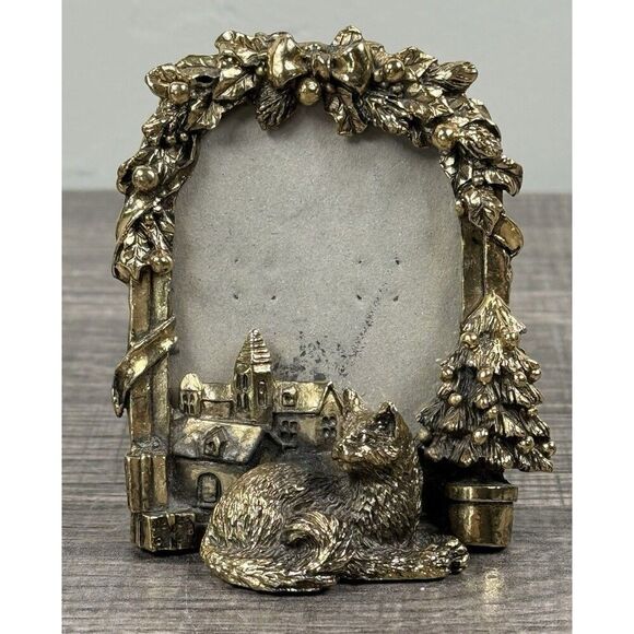 Vintage Gold Tone Brass Cat Christmas Mini Photo Frame 2.5”x3” Ornate - Picture 1 of 12